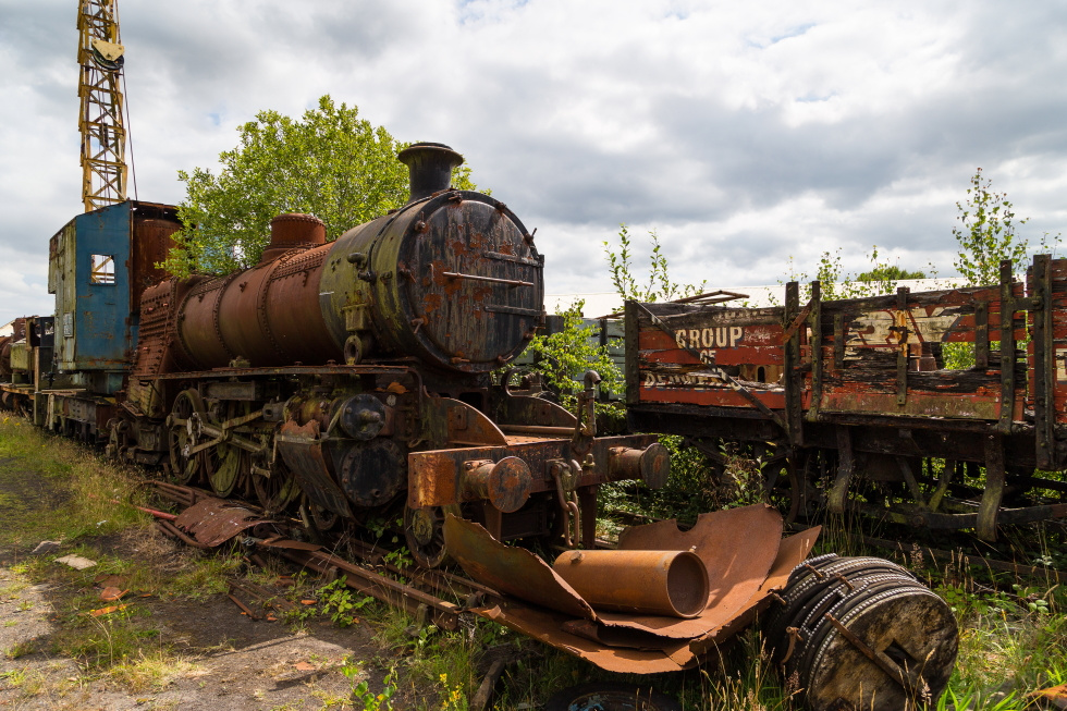Rusty steam engine and derelict coaches/wagons - Tanfield Railway Yard