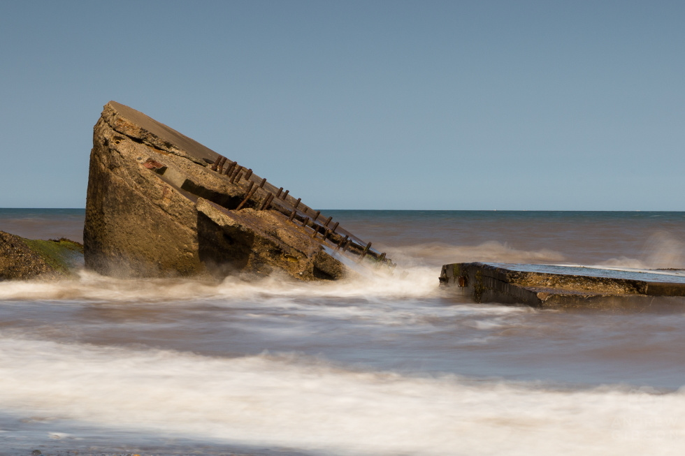 High tide washing round the Fort Godwin ruins, Kilnsea